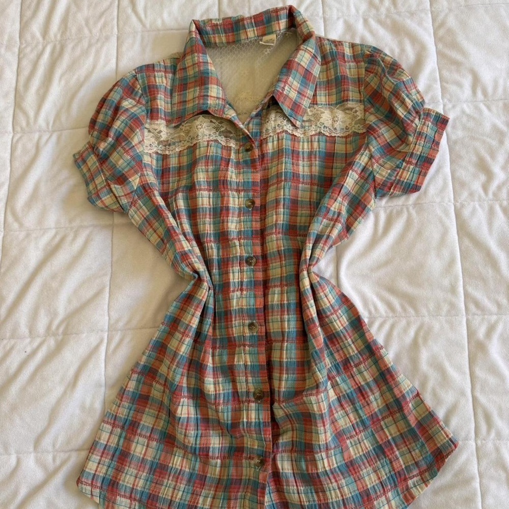 Plaid Lace-Trim Button-Front Women's Blouse - Multicolor